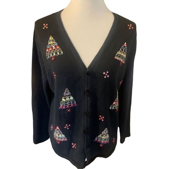 Mercer Street Studio Hand Embroidered Christmas Vintage Black Button Down Cardig - Picture 2 of 11